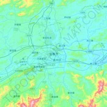 Mapa topográfico Yichun, altitude, relevo