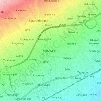 Mapa topográfico Kebonarum, altitude, relevo