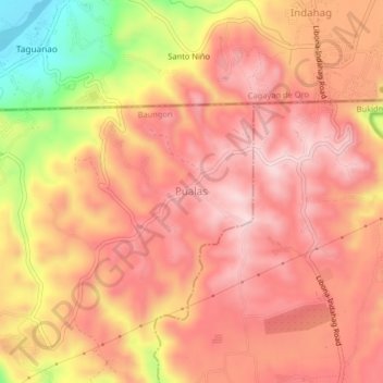 Mapa topográfico Pualas, altitude, relevo