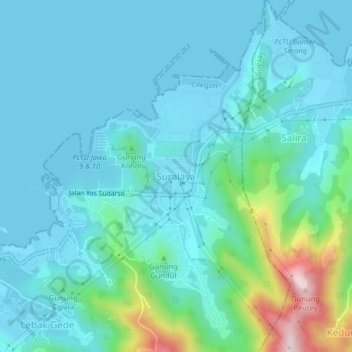 Mapa topográfico Suralaya, altitude, relevo