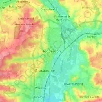 Mapa topográfico Hoddesdon, altitude, relevo