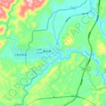 Mapa topográfico 业州镇, altitude, relevo