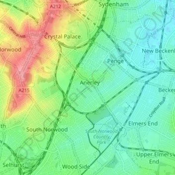 Mapa topográfico Anerley, altitude, relevo