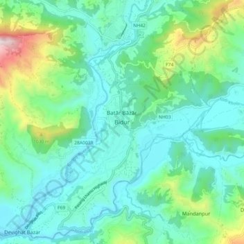 Mapa topográfico Bidur, altitude, relevo
