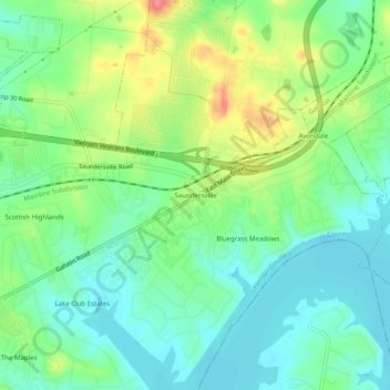 Mapa topográfico Saundersville, altitude, relevo
