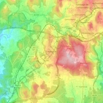 Mapa topográfico O Milladoiro, altitude, relevo