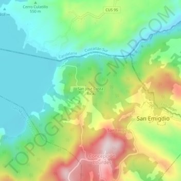 Mapa topográfico San José Costa Rica, altitude, relevo