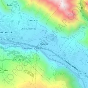 Mapa topográfico Huachac, altitude, relevo