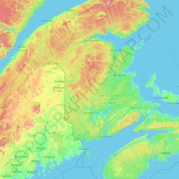 Mapa topográfico Nouveau-Brunswick, altitude, relevo