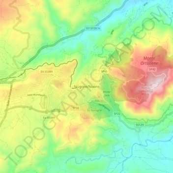 Mapa topográfico Nuoro, altitude, relevo