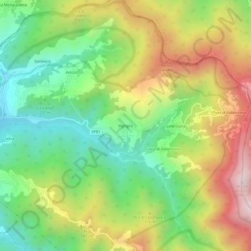 Mapa topográfico Vigogna, altitude, relevo