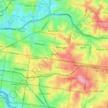 Mapa topográfico Balwyn, altitude, relevo