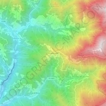 Mapa topográfico Montemoggio, altitude, relevo
