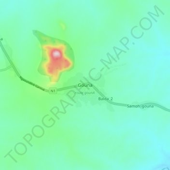 Mapa topográfico Gouna, altitude, relevo