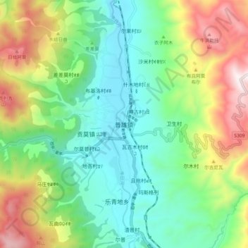 Mapa topográfico 普雄镇, altitude, relevo