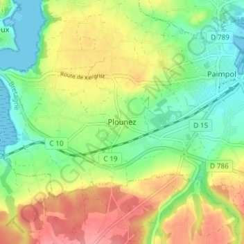 Mapa topográfico Plounez, altitude, relevo