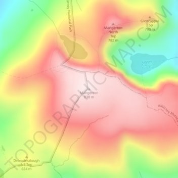 Mapa topográfico Mangerton, altitude, relevo