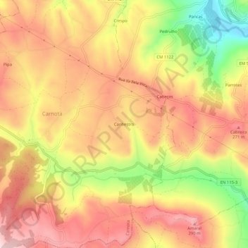 Mapa topográfico Canhestro, altitude, relevo