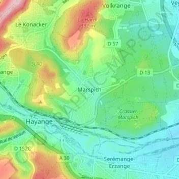 Mapa topográfico Marspich, altitude, relevo