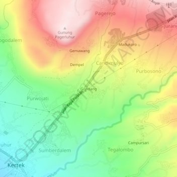 Mapa topográfico Gondang, altitude, relevo