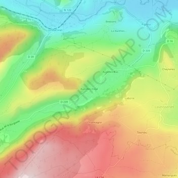 Mapa topográfico Auzolles-Haut, altitude, relevo