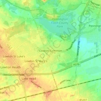 Mapa topográfico Lowton Common, altitude, relevo