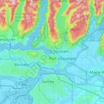 Mapa topográfico Port Moody, altitude, relevo