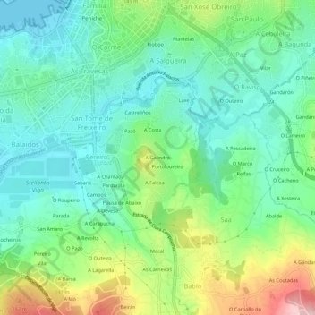 Mapa topográfico A Galindra, altitude, relevo