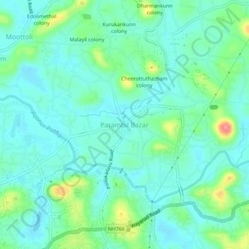 Mapa topográfico Parambil Bazar, altitude, relevo