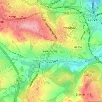 Mapa topográfico Worsbrough, altitude, relevo