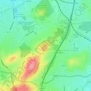 Mapa topográfico Honor Oak, altitude, relevo