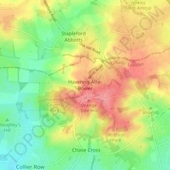 Mapa topográfico Havering-Atte-Bower, altitude, relevo