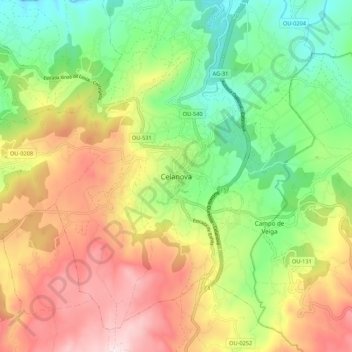 Mapa topográfico Celanova, altitude, relevo
