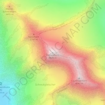 Mapa topográfico Schreckhorn, altitude, relevo