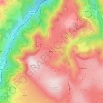 Mapa topográfico Auliac, altitude, relevo
