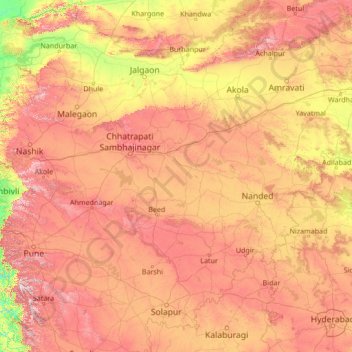 Mapa topográfico Maharashtra, altitude, relevo