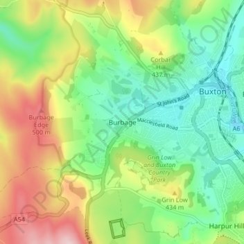 Mapa topográfico Burbage, altitude, relevo