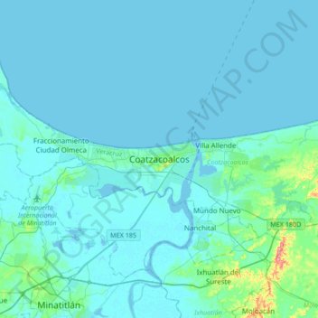 Mapa topográfico Coatzacoalcos, altitude, relevo
