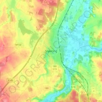Mapa topográfico Støvring, altitude, relevo