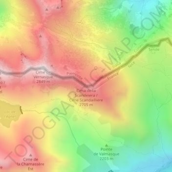 Mapa topográfico Cime Scandaillière, altitude, relevo