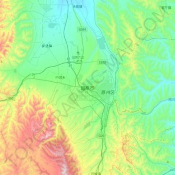 Mapa topográfico 固原市, altitude, relevo
