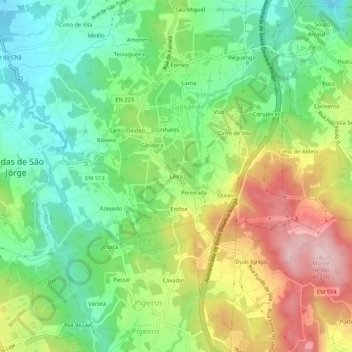 Mapa topográfico Leira, altitude, relevo
