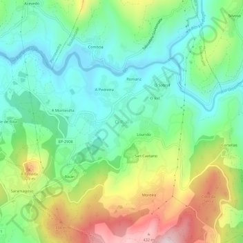 Mapa topográfico O Rial, altitude, relevo