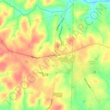 Mapa topográfico Gowensville, altitude, relevo