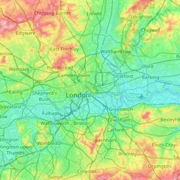 Mapa topográfico City de Londres, altitude, relevo