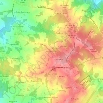 Mapa topográfico Vergne Blanche, altitude, relevo