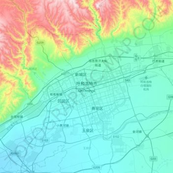 Mapa topográfico 呼和浩特市, altitude, relevo