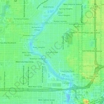 Mapa topográfico Suburb Royal, altitude, relevo