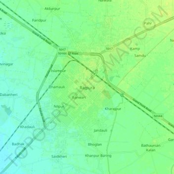 Mapa topográfico Rajpura, altitude, relevo