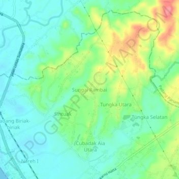 Mapa topográfico Sungai Rambai, altitude, relevo